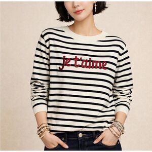 Talbots Sweater Pullover Jumper Medium Sequins Je t'aime Striped Womens Ivory